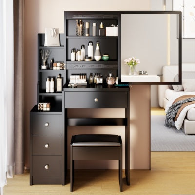 Coiffeuse compacte avec miroir coulissant et tabouret – Grand espace de rangement
