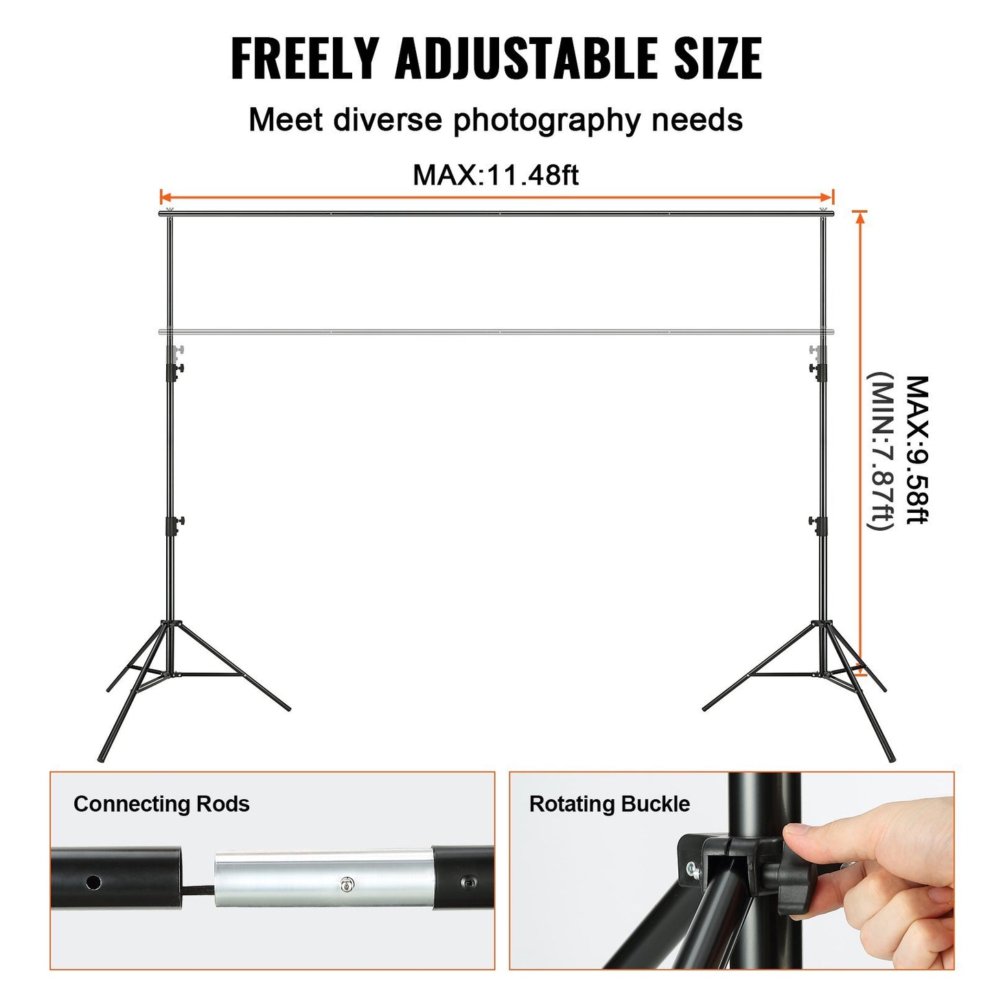 Support de fond pour photographie de haute résistance VEVOR, dimensions 11,48 x 9,58 pieds. Hauteur réglable, système de support de fond complet avec 6 pinces et sac de transport inclus.
Idéal pour les mariages, fêtes, expositions, photos professionnelles