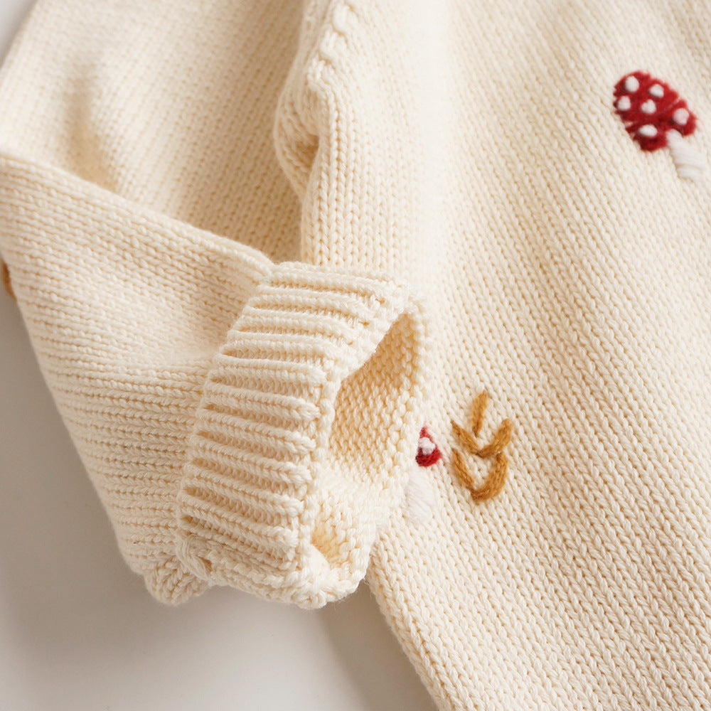 Cardigan tricoté pour enfants – Champignon mignon brodé en coton