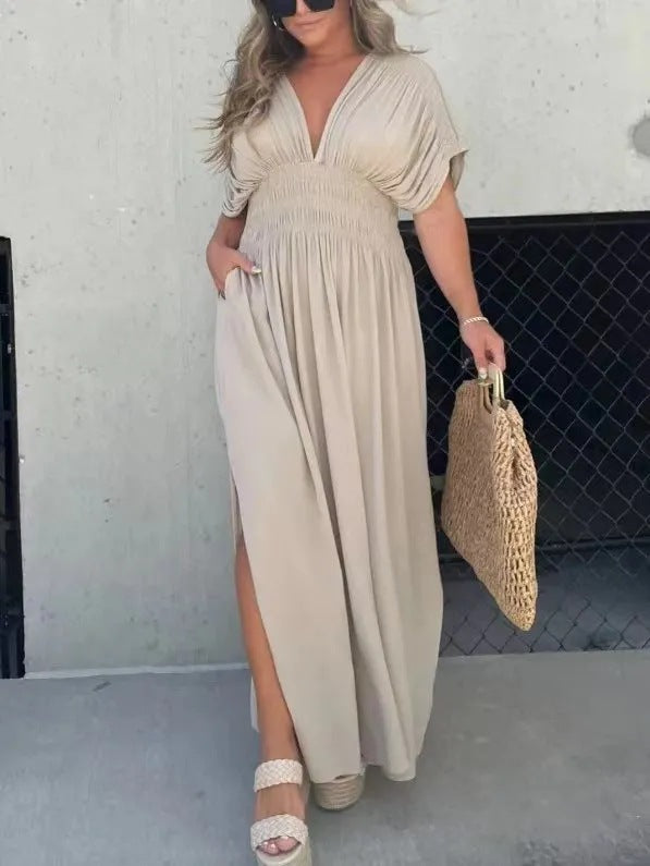 Robe Longue d’Été Femme – Manches Chauve-Souris, Col en V, Taille Élastique et Fente Élégante