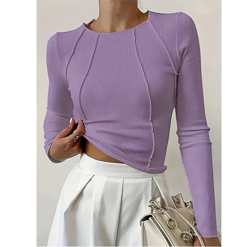 T-shirt Femme Manches Longues Col Rond – Coupe Ajustée, Mode Automne