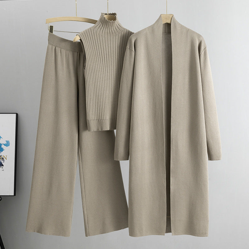 Ensemble 3 pièces femme – Pull sans manches, cardigan long et pantalon large