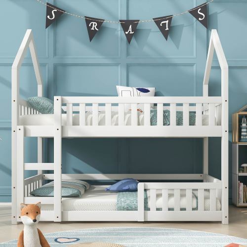 Lit superposé pour enfants – Lit simple 3FT avec échelle, cadre en bois massif, style château, 90 × 190 cm, mobilier de chambre enfant, blanc