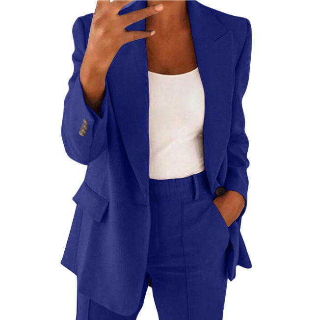 Ensemble Tailleur Femme Décontracté – Blazer Long à Boutons + Pantalon Slim avec Poches