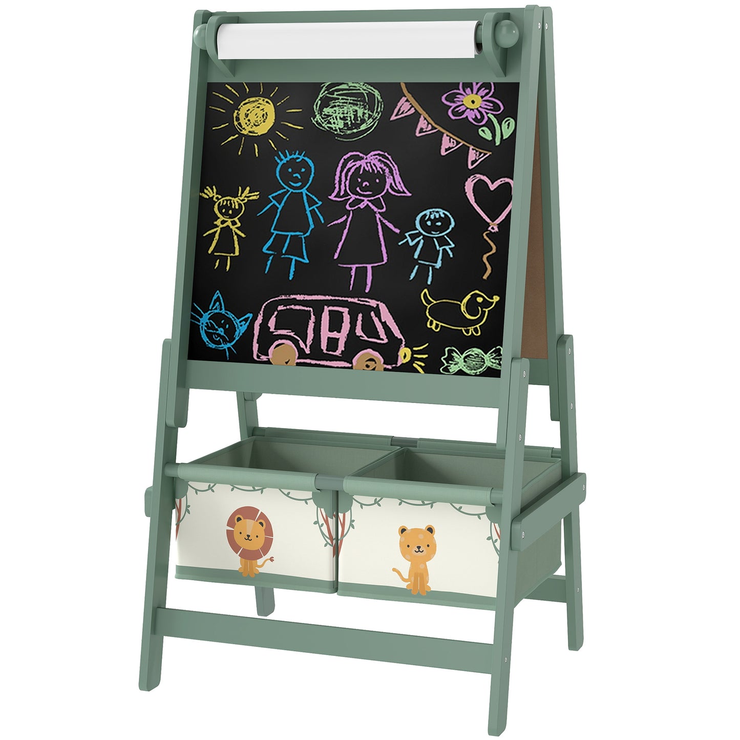 Chevalet d’art pour enfants – Tableau double-face blanc & noir avec rouleau de papier et paniers de rangement – Vert (3 à 8 ans)