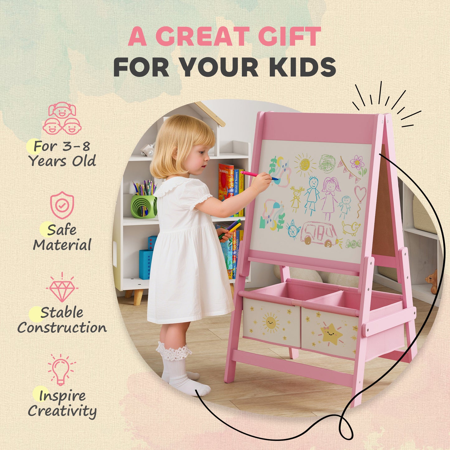 Chevalet d’art double-face – Tableau blanc & ardoise avec rouleau de papier et paniers de rangement – Rose