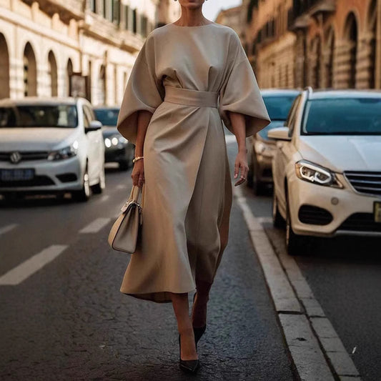 Robe femme à manches chauve-souris – Taille cintrée, couleur unie élégante
