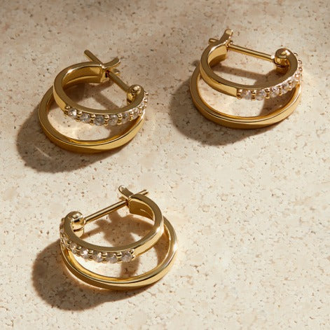 Boucles d’oreilles clous en zircone cubique, motif damier, plaqué or 14K
