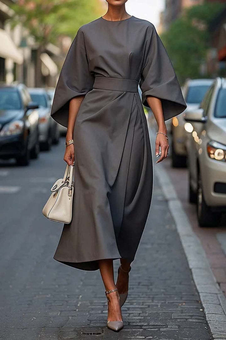 Robe femme à manches chauve-souris – Taille cintrée, couleur unie élégante