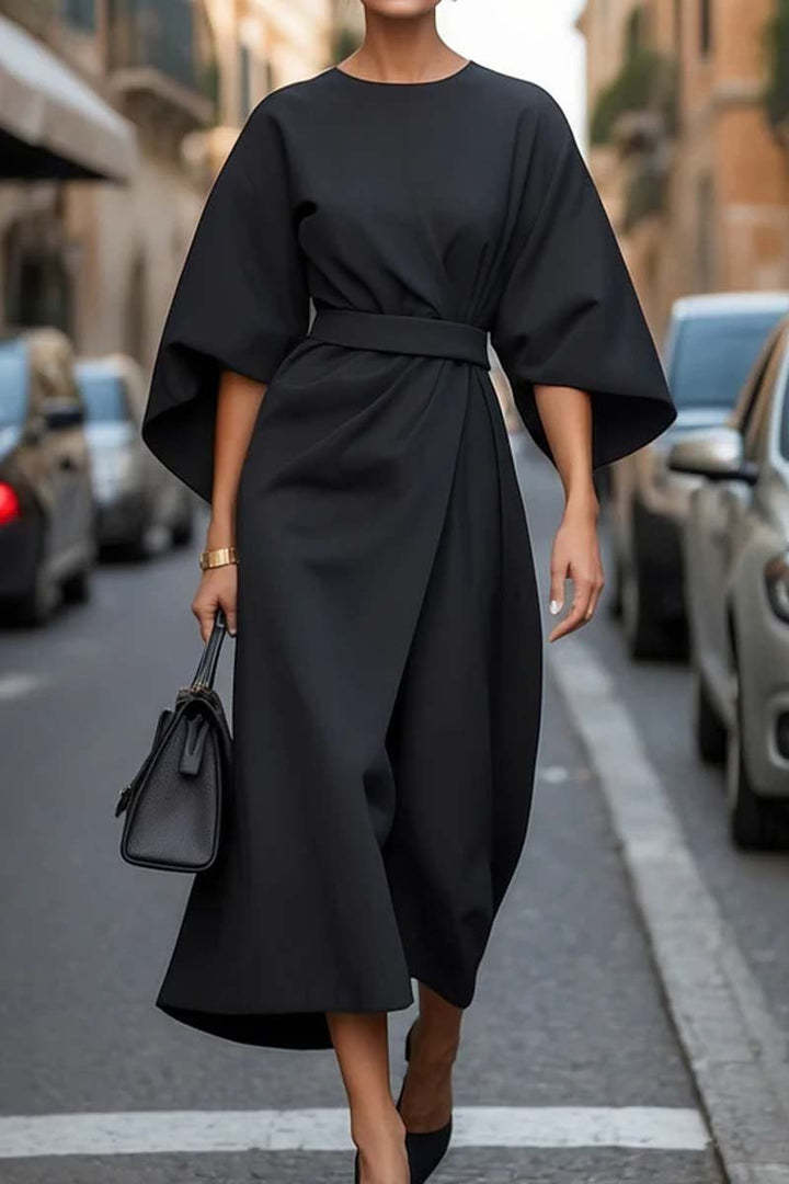 Robe femme à manches chauve-souris – Taille cintrée, couleur unie élégante