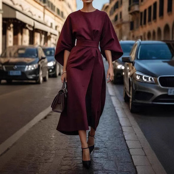 Robe femme à manches chauve-souris – Taille cintrée, couleur unie élégante