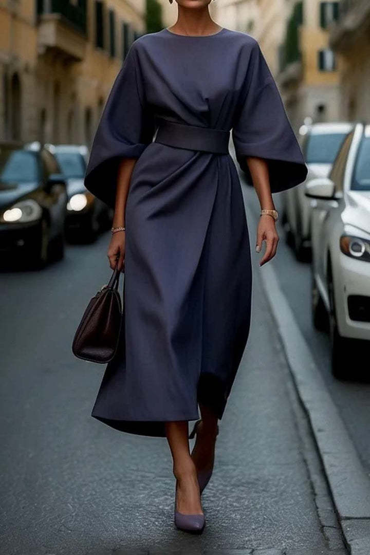 Robe femme à manches chauve-souris – Taille cintrée, couleur unie élégante
