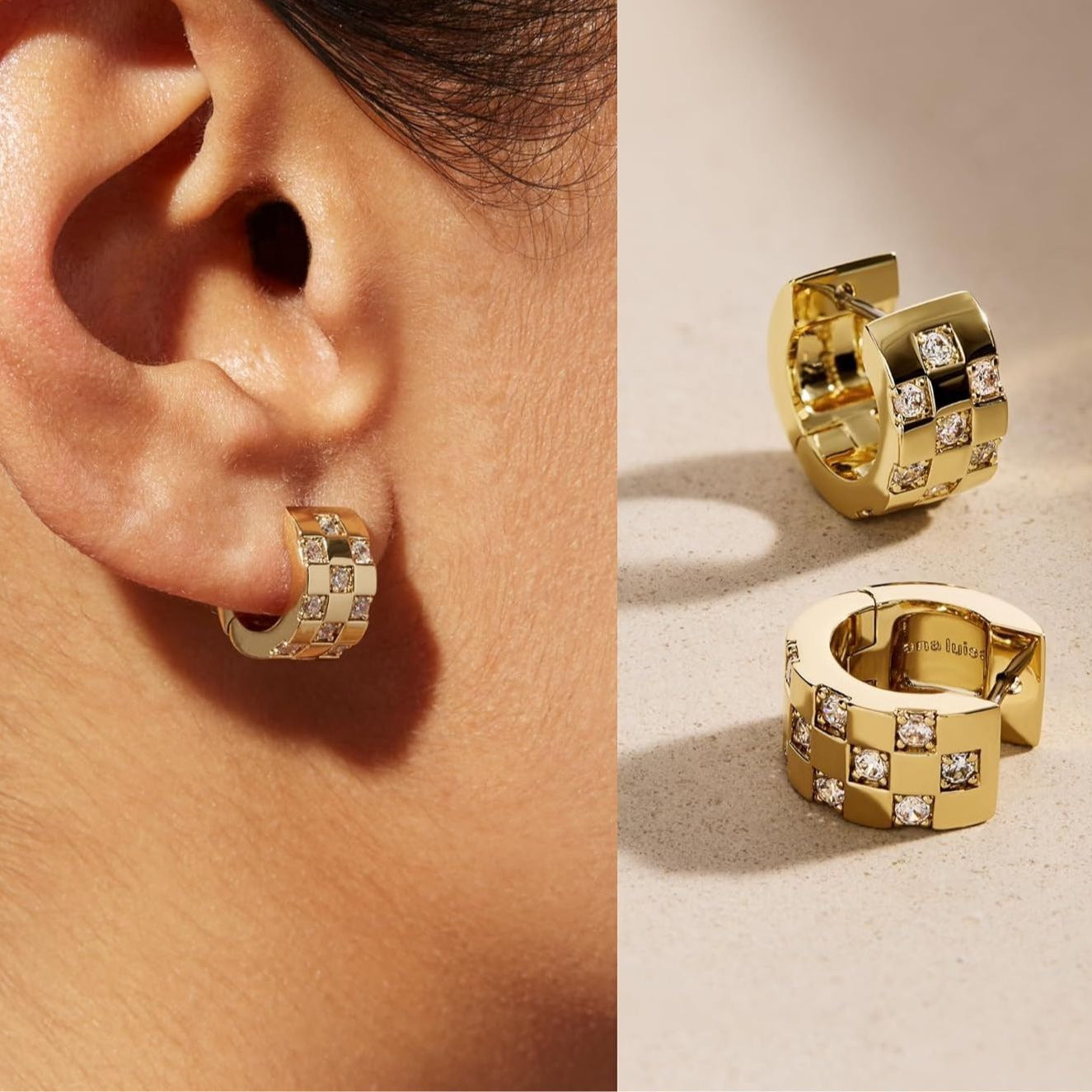Boucles d’oreilles clous en zircone cubique, motif damier, plaqué or 14K
