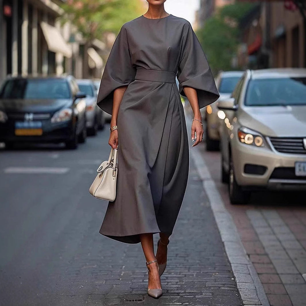 Robe femme à manches chauve-souris – Taille cintrée, couleur unie élégante