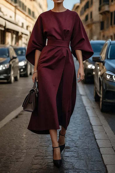 Robe femme à manches chauve-souris – Taille cintrée, couleur unie élégante