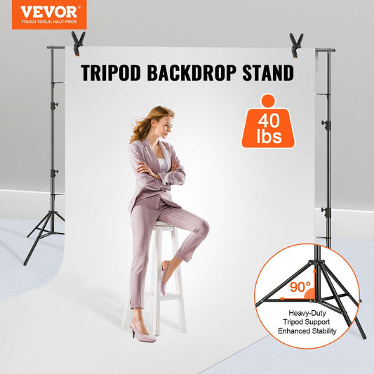 Support de fond pour photographie de haute résistance VEVOR, dimensions 11,48 x 9,58 pieds. Hauteur réglable, système de support de fond complet avec 6 pinces et sac de transport inclus.
Idéal pour les mariages, fêtes, expositions, photos professionnelles