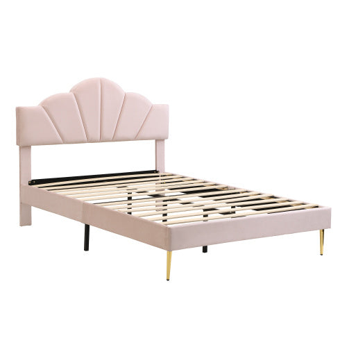 Lit double en velours capitonné – 135 × 190 cm (4ft6), design coquillage avec pieds dorés