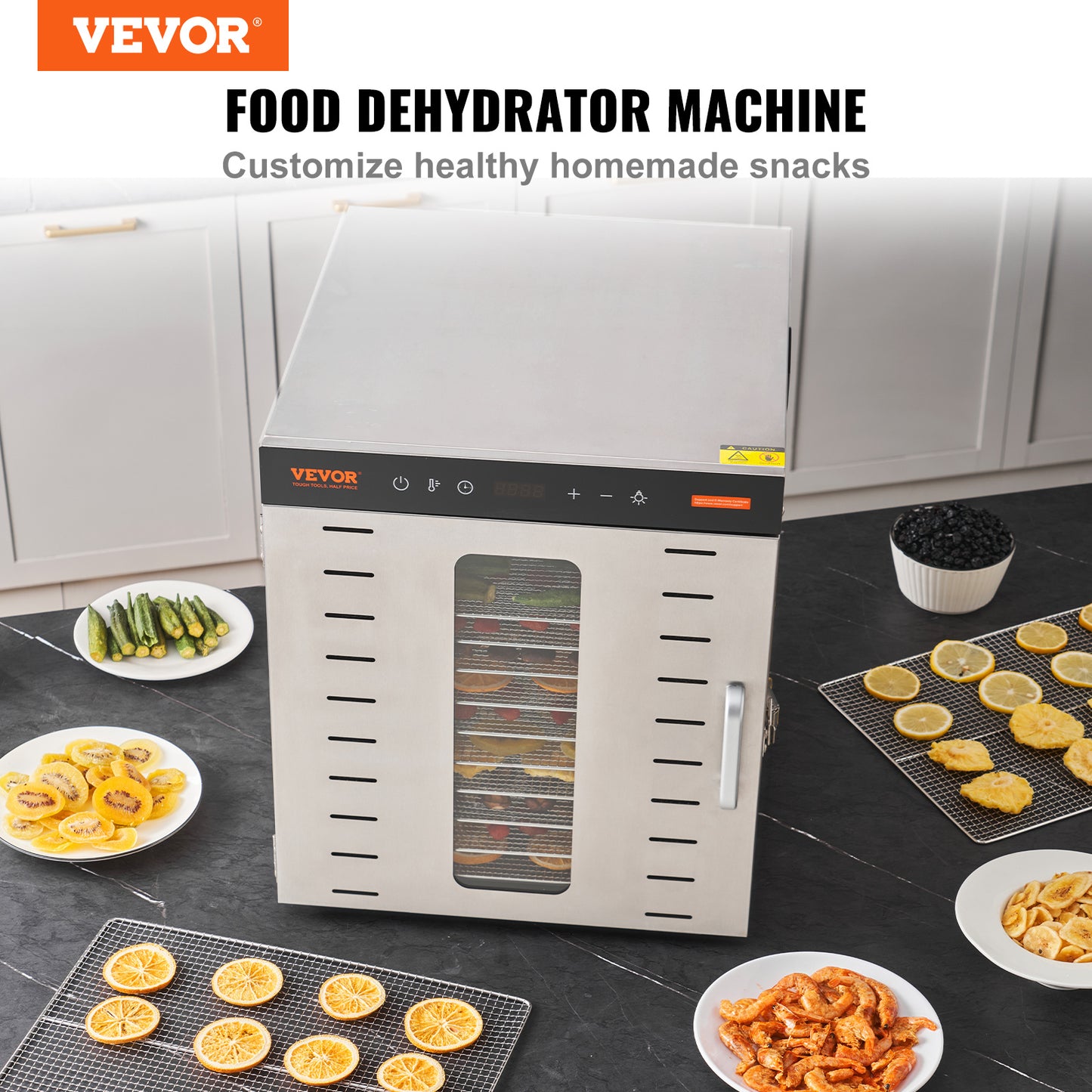 VEVOR-machine de déshydrateur de nourriture, 10 plateaux en acier inoxydable, séchoir électrique pour aliments 1000W avec minuterie numérique réglable et température pour le jerky, les herbes, la viande, le bœuf, les fruits, les friandises