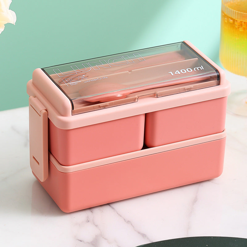 boite à déjeuner double couche avec séparateur + couverts- Etanche et portable/ Plastic Lunch Box Microwavable Lunch Box Set Double Layer Divider With Cutlery