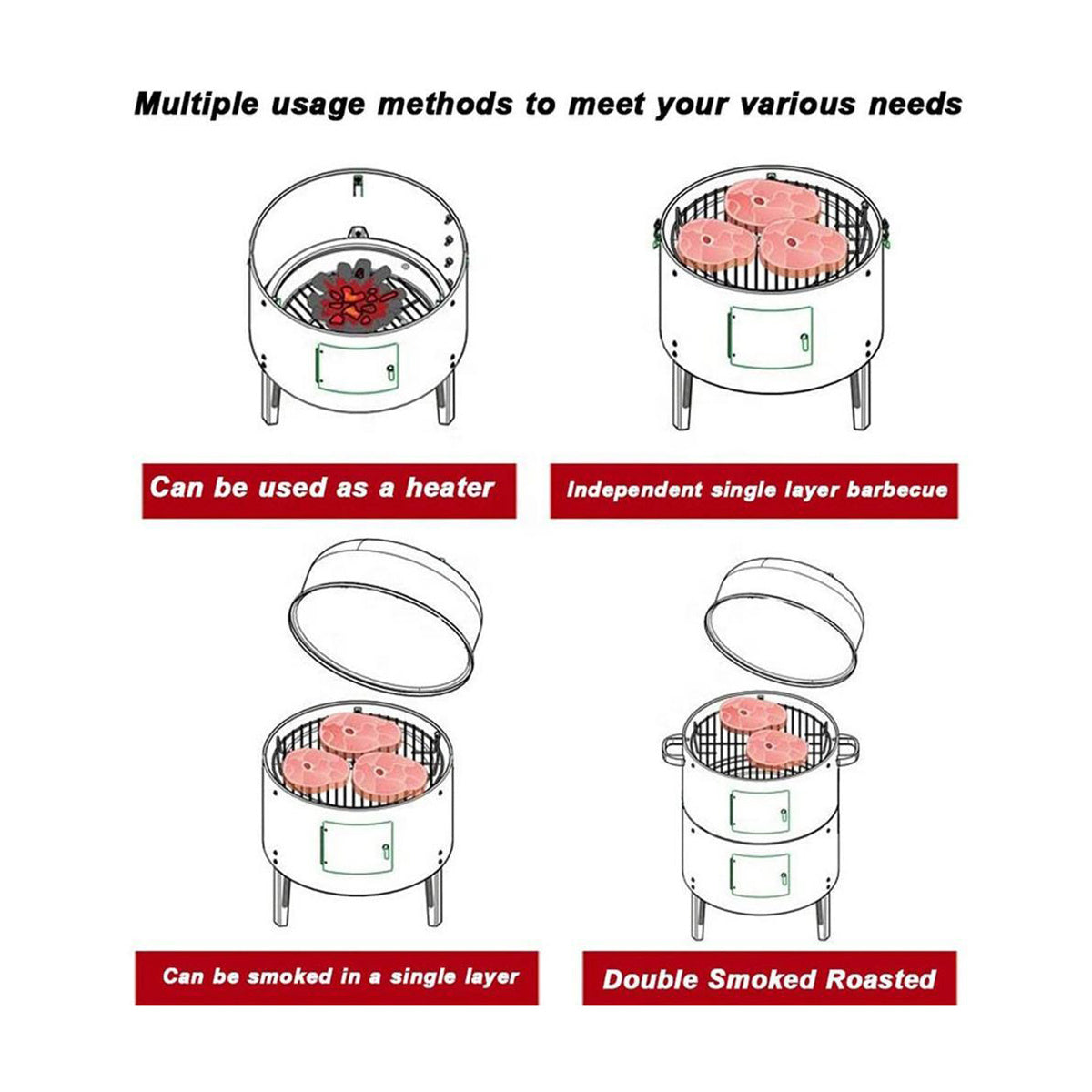 Barbecue fumoir vertical à charbon – Four/gril double couche sans fumée, pour une cuisson extérieure saine et sans effort, avec moins de fumée et de graisse