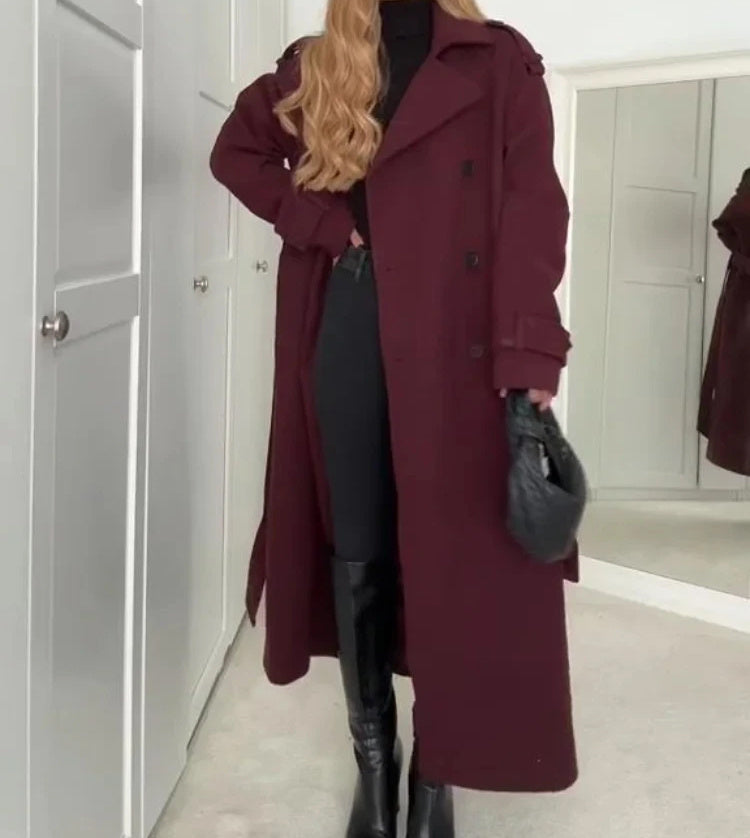 Manteau en laine avec ceinture – Trench long double boutonnage pour femmes