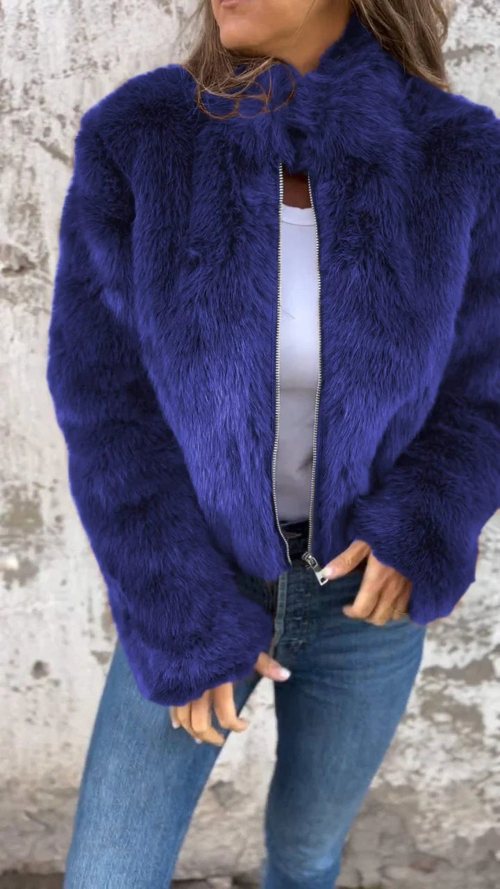 Veste en peluche femme – Col montant zippé, style décontracté hiver
