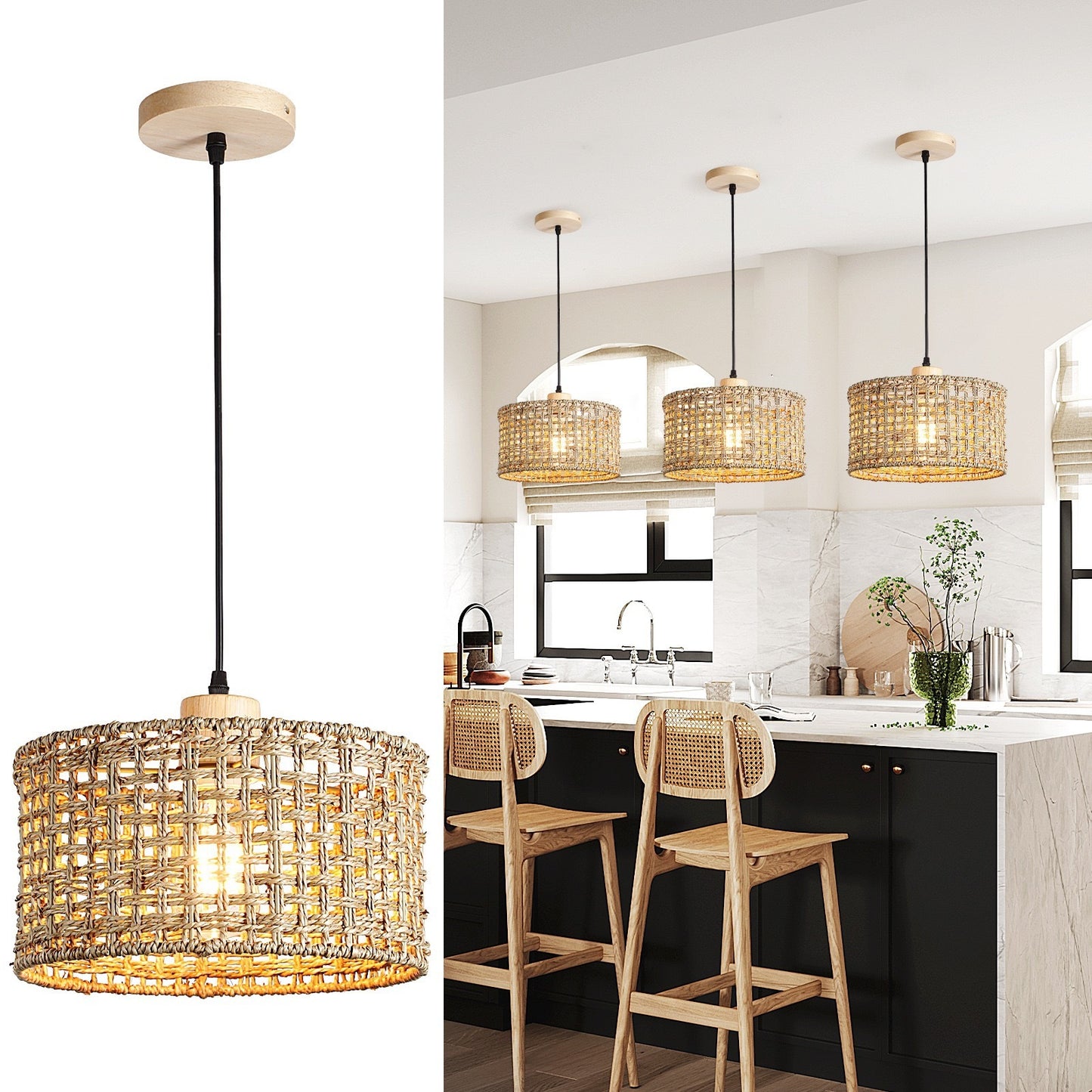 Lustre vintage en rotin – Style chambre d’hôtes / café