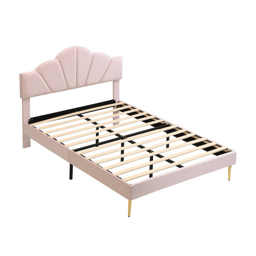 Lit double en velours capitonné – 135 × 190 cm (4ft6), design coquillage avec pieds dorés
