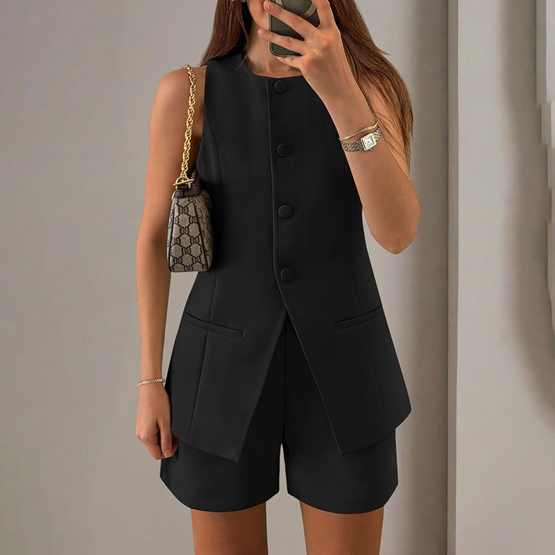 Ensemble d’été 2 pièces pour femmes – Débardeur sans manches à col rond avec short taille haute – Tenue chic et professionnelle