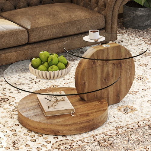 Table Ronde Double-Couche Moderne – Plateau en Verre & Pieds en Bois MDF