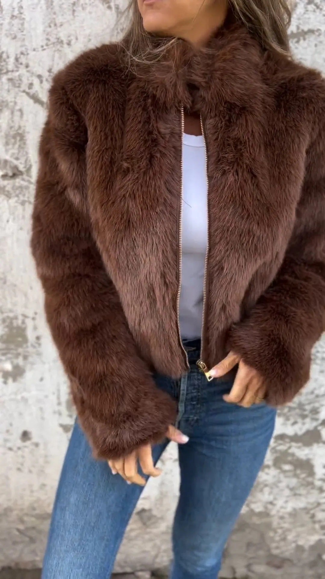 Veste en peluche femme – Col montant zippé, style décontracté hiver