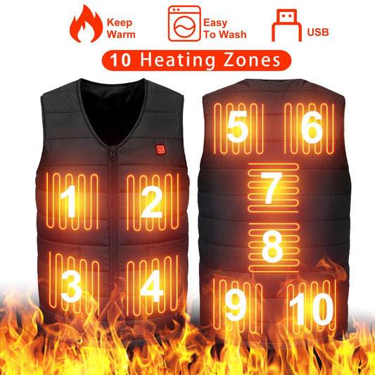 Gilet chauffant unisexe – 10 zones de chauffage, 3 niveaux de chaleur réglables, USB – Idéal pour l’hiver et les activités extérieures