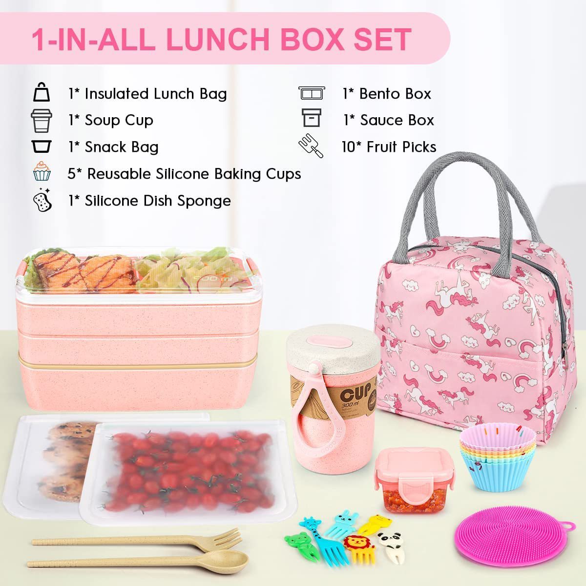 Ensemble bento japonais 27 pièces – Boîte à lunch, sac thermique, tasse petit-déjeuner et sac à goûter