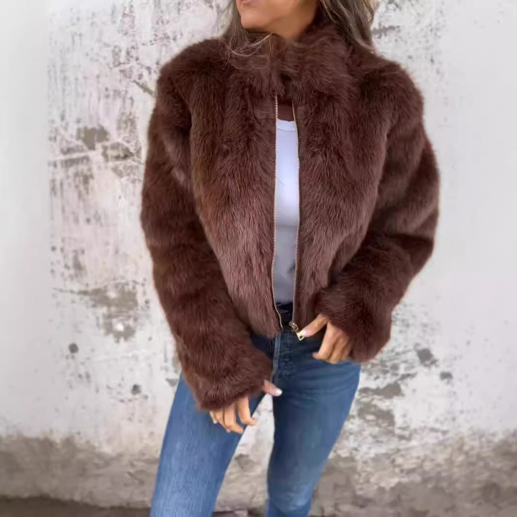 Veste en peluche femme – Col montant zippé, style décontracté hiver