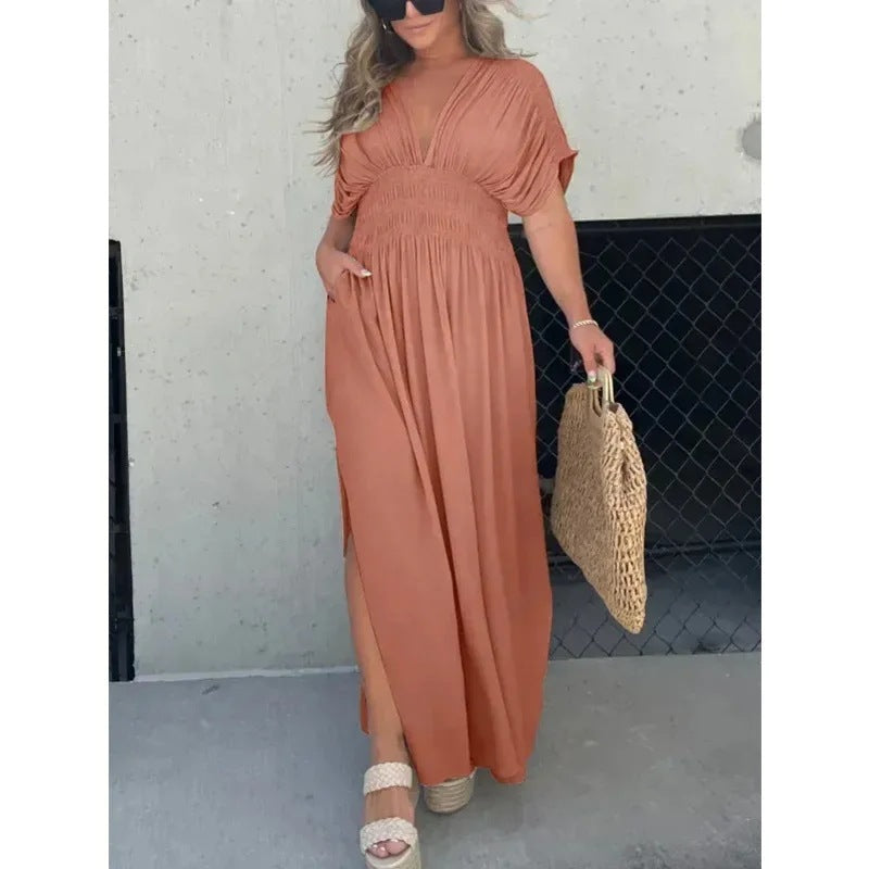 Robe Longue d’Été Femme – Manches Chauve-Souris, Col en V, Taille Élastique et Fente Élégante
