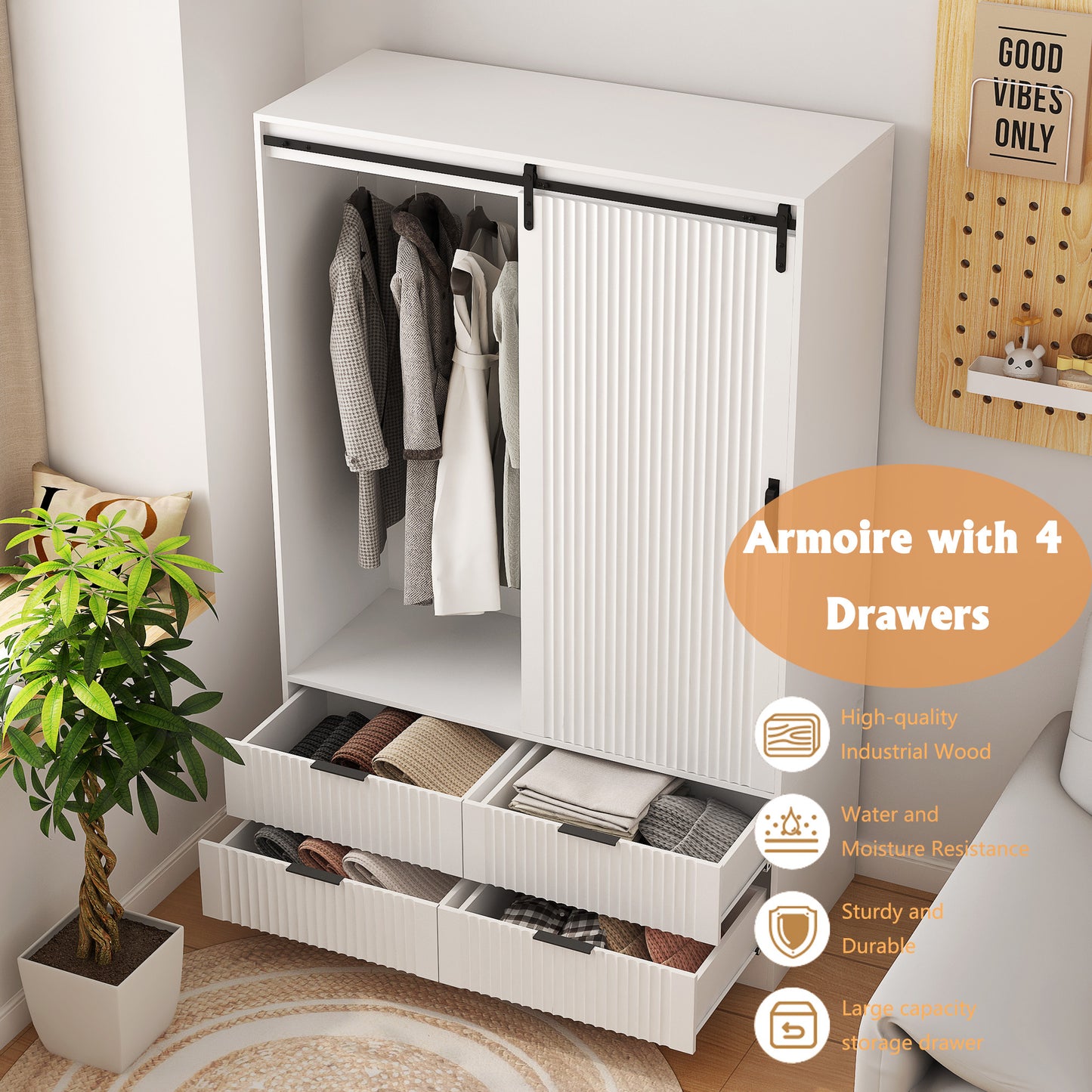 Armoire penderie blanche – Style grange, avec tringle, tiroirs et étagères ouvertes