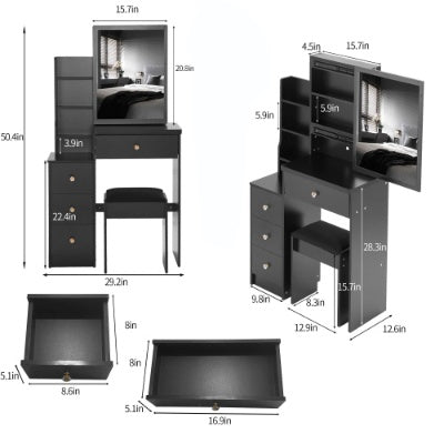 Coiffeuse compacte avec miroir coulissant et tabouret – Grand espace de rangement