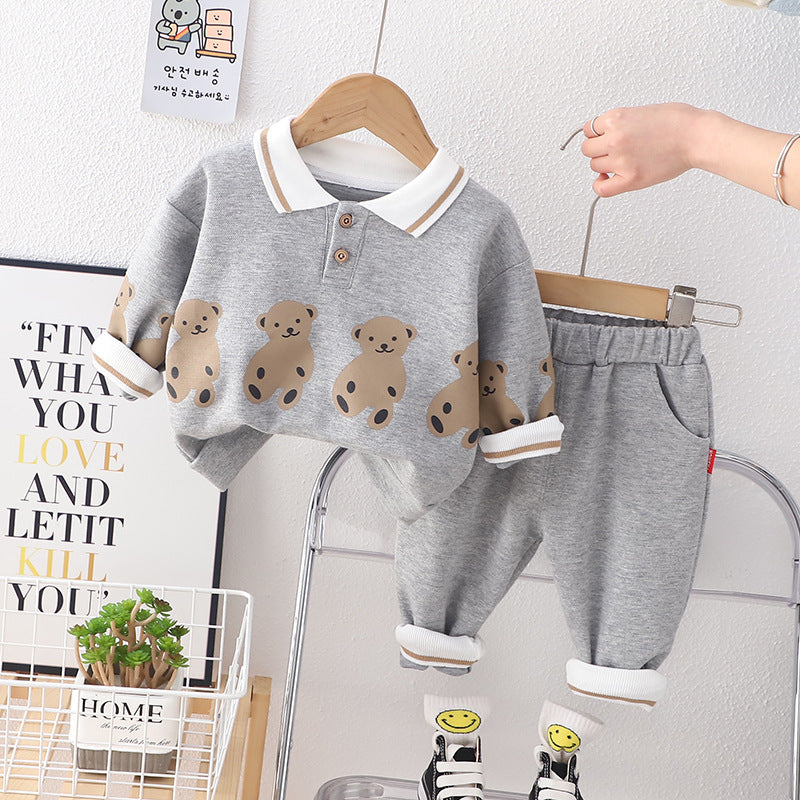 Ensemble 2 pièces à capuche motif ours – Enfant, style occidental, col à revers
