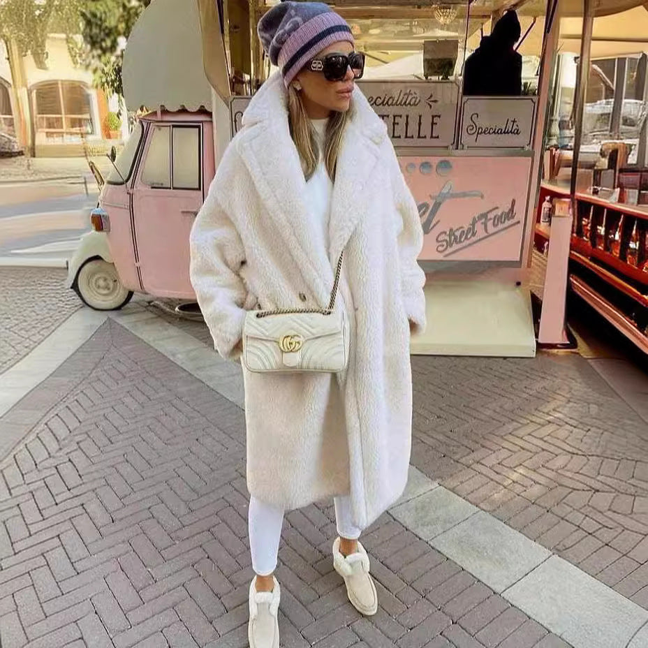 Manteau en polaire mouton à col – Manteau en fausse fourrure épais, chaud et long pour femme