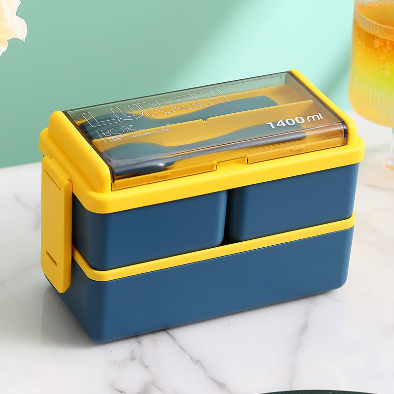boite à déjeuner double couche avec séparateur + couverts- Etanche et portable/ Plastic Lunch Box Microwavable Lunch Box Set Double Layer Divider With Cutlery