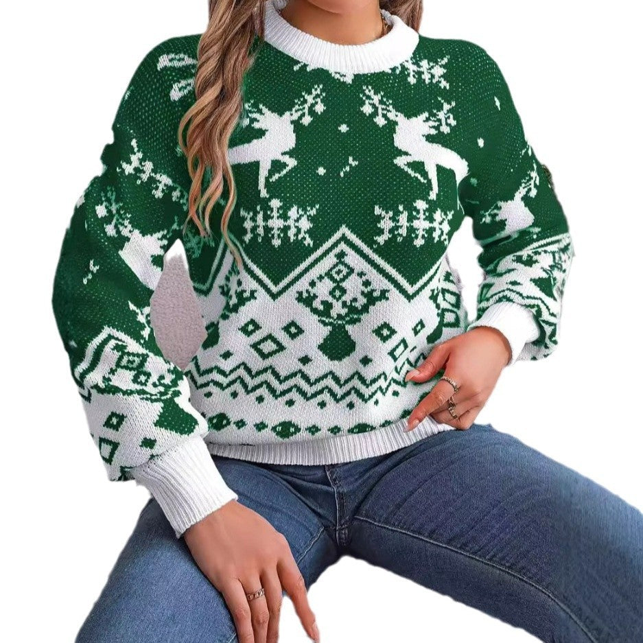 Nouveau 2025 – Pull hoodie décontracté automne/hiver pour femme, motif cerf, manches longues – Spécial Noël, tricoté, rouge ou vert