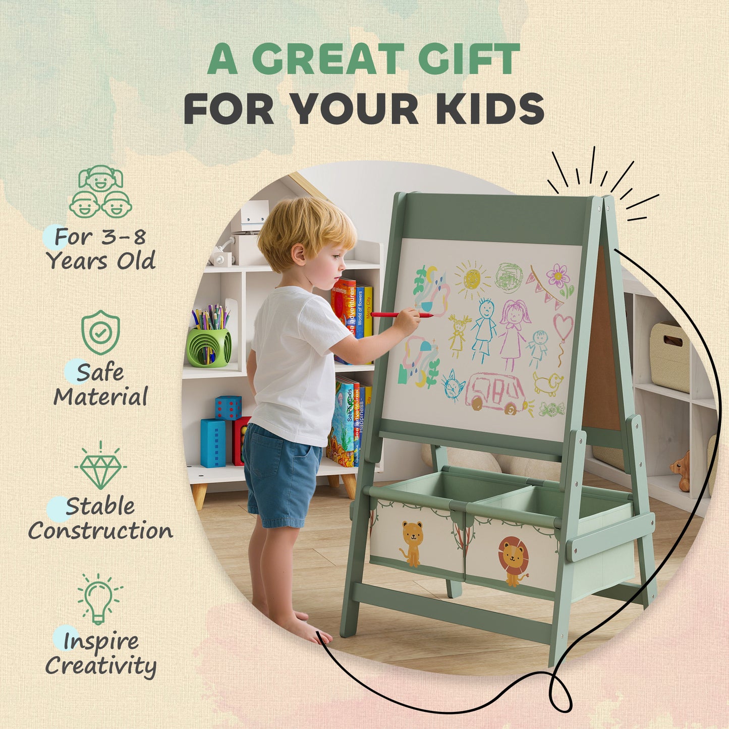 Chevalet d’art pour enfants – Tableau double-face blanc & noir avec rouleau de papier et paniers de rangement – Vert (3 à 8 ans)