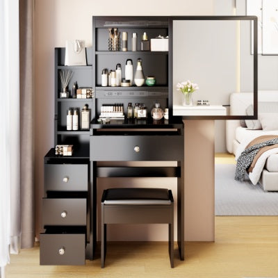 Coiffeuse compacte avec miroir coulissant et tabouret – Grand espace de rangement