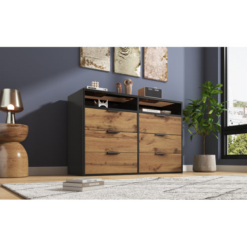 Commode / Buffet avec 6 tiroirs et 2 étagères ouvertes – Verre ambré, table de rangement anti-basculement pour salon, chambre ou chambre d’enfant – 120 × 40 × 80 cm, chêne