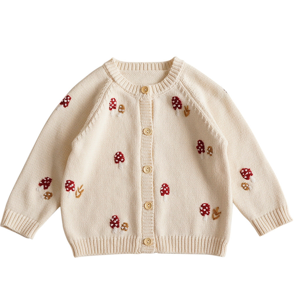 Cardigan tricoté pour enfants – Champignon mignon brodé en coton
