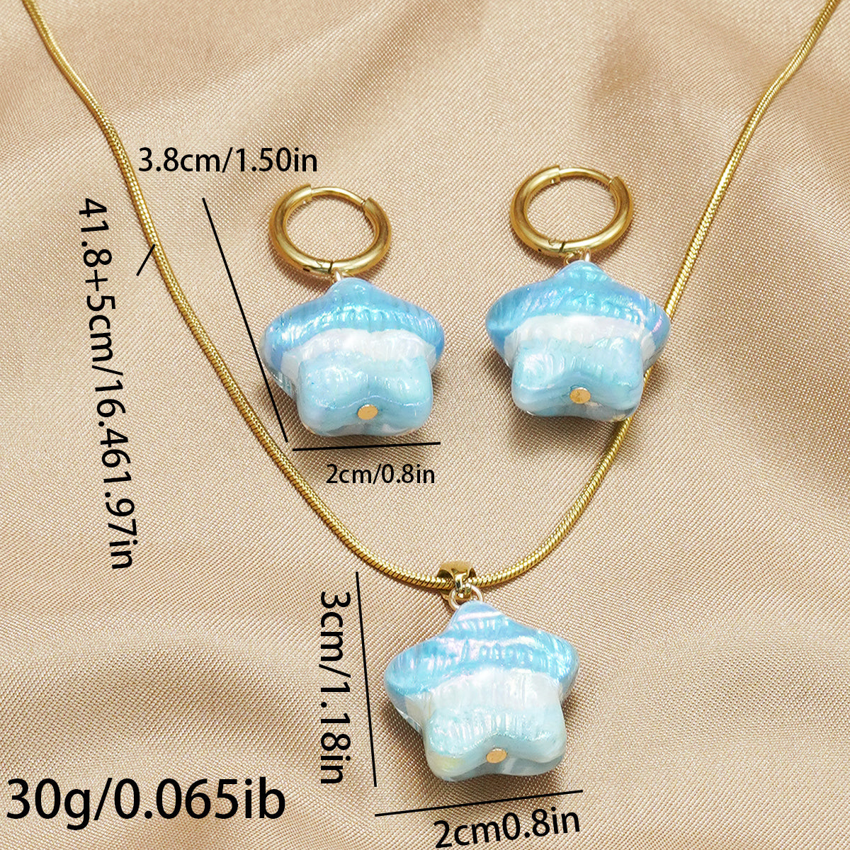 Ensemble Collier et Boucles d’Oreilles Étoile en Acier Inoxydable Doré 18K – Bleu Nacré, Étanche & Hypoallergénique