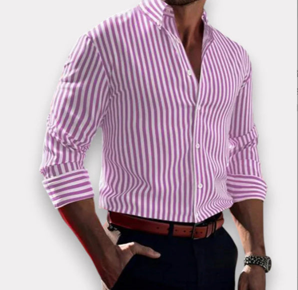Chemise Homme à Rayures – Manches Longues, Col Revers, Style Décontracté
