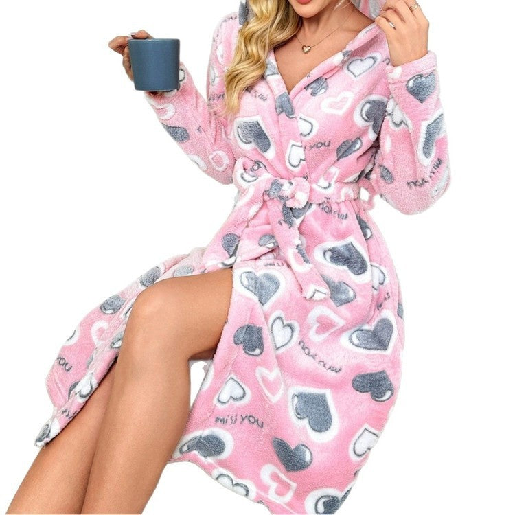 Peignoir d’automne et d’hiver en peluche – Imprimé cœur, coupe ample, manches longues, velours double face, ceinture à nouer, chaud et confortable