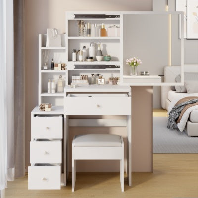 Coiffeuse compacte avec miroir coulissant et tabouret – Grand espace de rangement