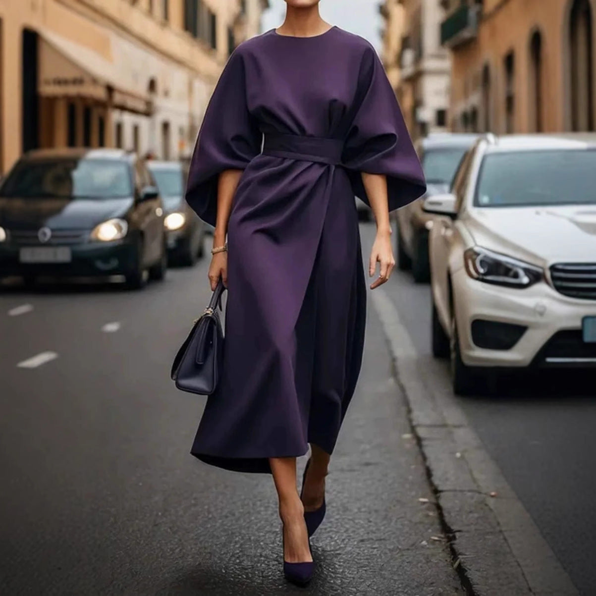 Robe femme à manches chauve-souris – Taille cintrée, couleur unie élégante